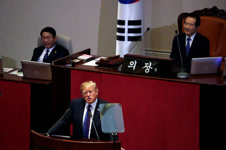 U.S. President Donald Trump speaks at the South Korean National Assembly in Seoul, South Korea, November 8, 2017. REUTERS/Jonathan Ernst