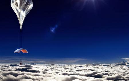 An artist rendering from World View Enterprises, Inc. released on October 22, 2013, shows a six-passenger, two-pilot pressurized capsule in a near-space balloon-launched ride that is being designed to fly in Earth's stratosphere, about 19 miles (30 kim) above the planet's surface. REUTERS/World View Enterprises, Inc./Handout via Reuters