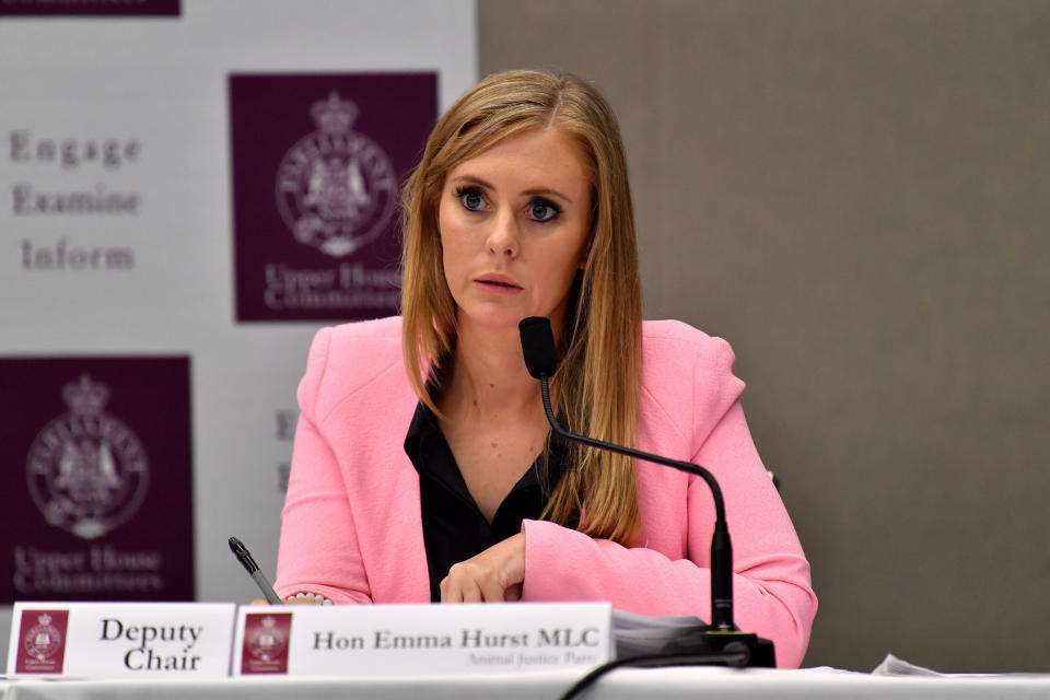 Emma Hurst as the deputy chair of an inquiry. She's wearing a pink jacket.