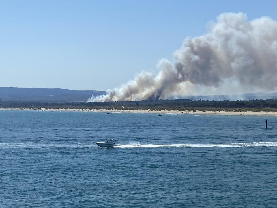 Handout photo issued by Ross Goldsmith of smoke rising from the scene on Studland Heath, Dorset, as a drought has been declared for parts of England following the driest summer for 50 years. Picture date: Friday August 12, 2022.