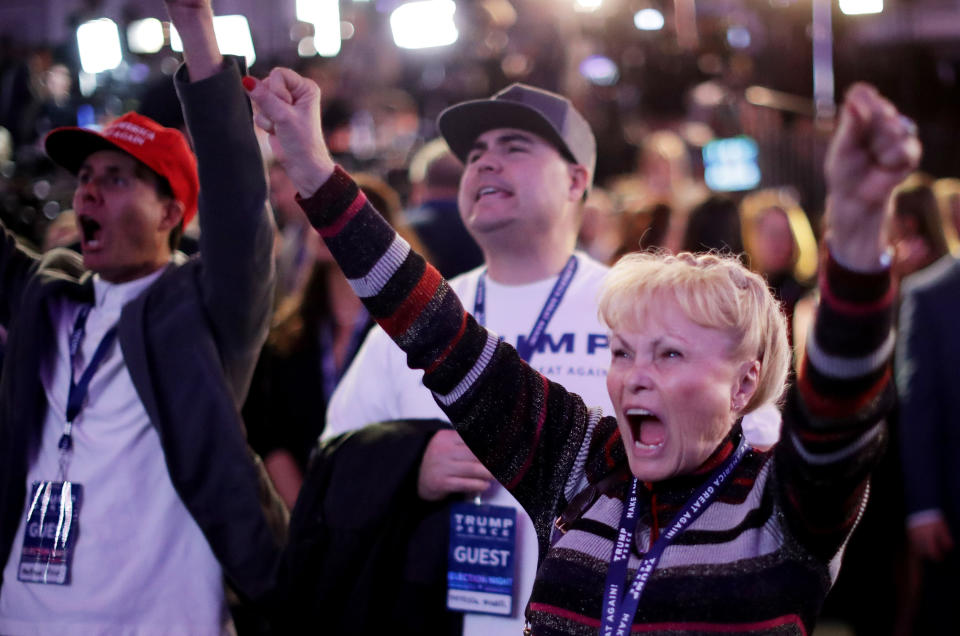 Carol Minor cheers during Republican presidential nominee Donald Trump election night event at the New York Hilton Midtown in New York, on Nov. 8.