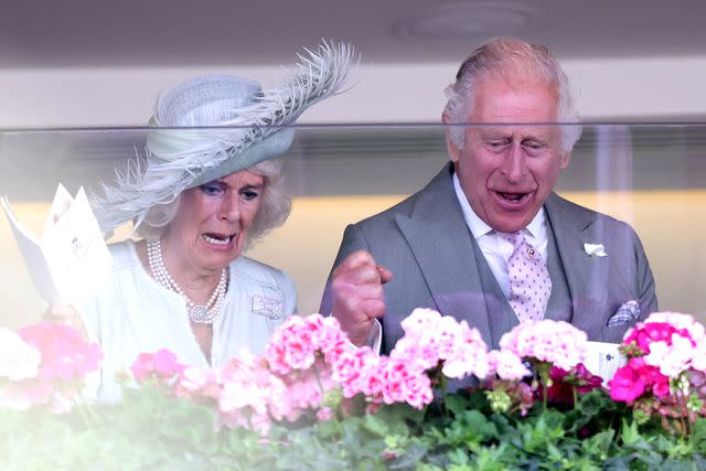 <p>Chris Jackson/Getty</p> Queen Camilla and King Charles root during a race of the 2023 Royal Ascot.