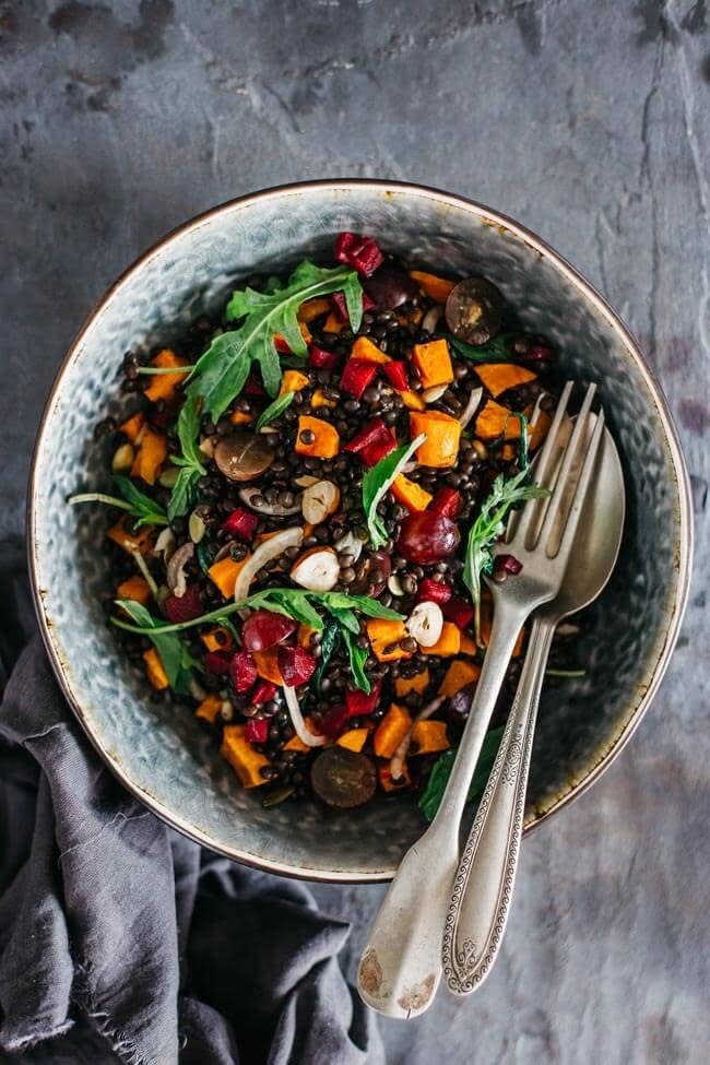 Lentils don't just belong in stews and soups — this salad proves it. Recipe: Fall Salad with Lentils, Grapes & Roasted Pumpkin