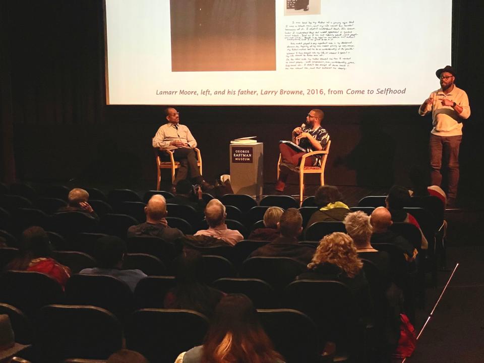 Joshua Rashaad McFadden (right) on stage with one of his mentors Lyle Ashton Harris (left).