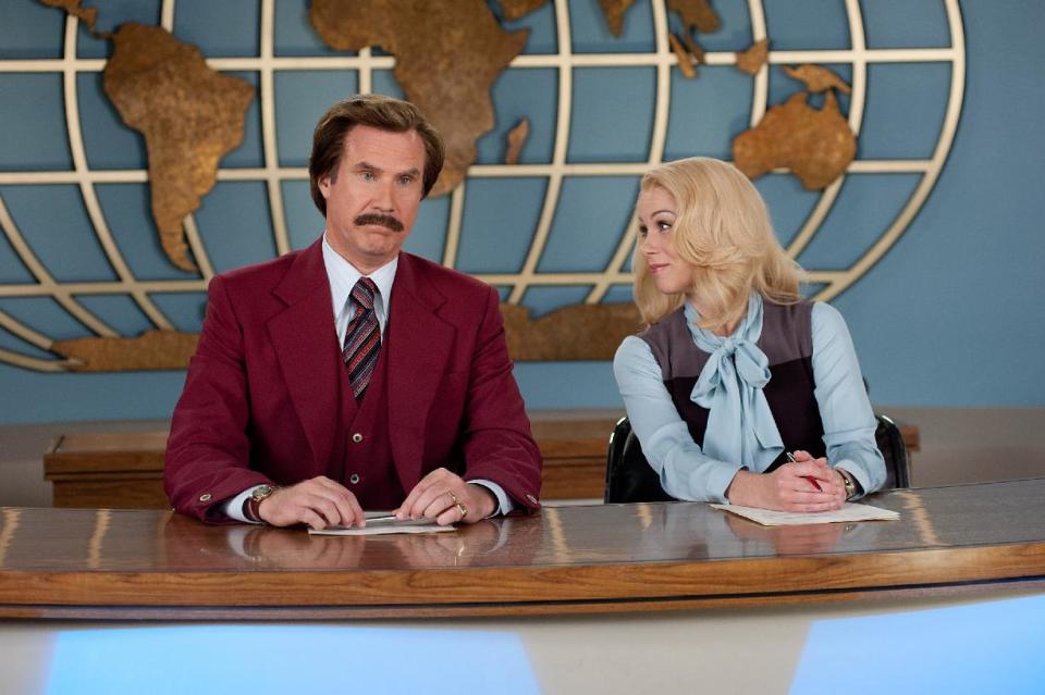 This image released by Paramount Pictures shows Will Ferrell as Ron Burgundy, left, and Christina Applegate as Veronica Corningstone in a scene from "Anchorman 2: The Legend Continues." (AP Photo/Paramount Pictures, Gemma LaMana)