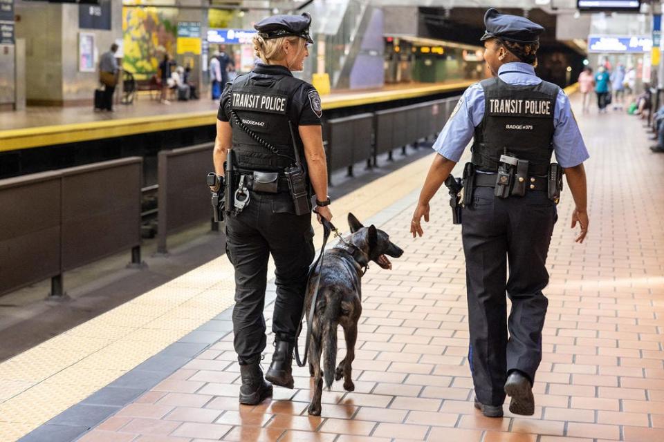 Two SEPTA Transit Police Officers patrol Center City regional stop. SEPTA to implement ZeroEyes A.I. gun detection system on its Broad Street and Market-Frankfort lines.
