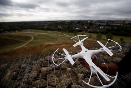 A drone is pictured near Heathrow Airport in London