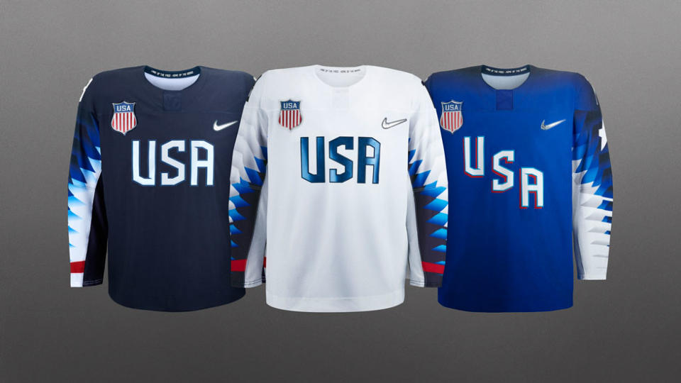 <p>Also designed by Nike, the uniforms feature “USA” emblazoned across the chest and icy blue “spike” graphic sleeves. (Photo: courtesy of Nike) </p>