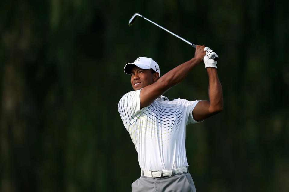 CARMEL, IN - SEPTEMBER 07: Tiger Woods watches his second shot from the fairway on the second hole during the second round of the BMW Championship at Crooked Stick Golf Club on September 7, 2012 in Carmel, Indiana. (Photo by Warren Little/Getty Images)