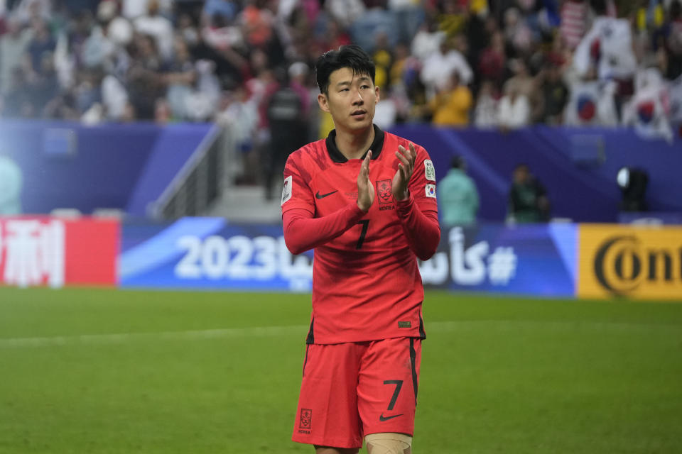 South Korea's Son Heung-min applauds the crowd at the end of the Asian Cup Group E soccer match between South Korea and Malaysia at Al Janoub Stadium in Al Wakrah, Qatar, Thursday, Jan. 25, 2024. (AP Photo/Thanassis Stavrakis)