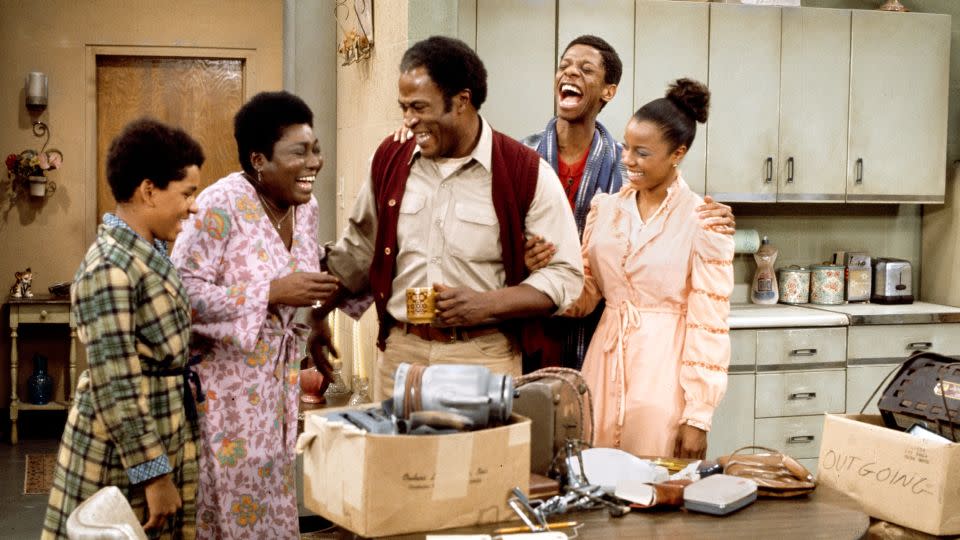 "Good Times," another CBS comedy, premiered in 1974. Its cast included, from left, Ralph Carter (as Michael Evans), Esther Rolle (as Florida Evans), John Amos (as James Evans, Sr.), Jimmie Walker (as James 'J.J.' Evans, Jr.), BernNadette Stanis (as Thelma Evans). - CBS/Getty Images