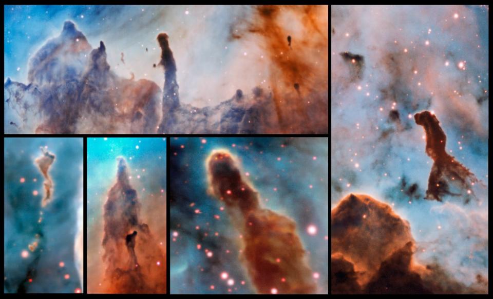 Esta composición muestra varios pilares en el interior de la nebulosa de Carina observados con el instrumento MUSE, instalado en el Very Large Telescope de ESO. (ESO/A. McLeod)