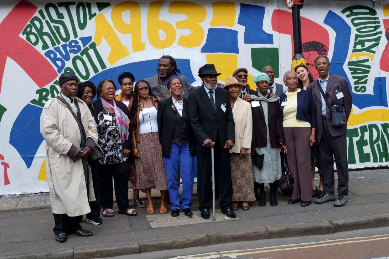 Bristol, UK. 30th Aug, 2023. Supporters of the boycott at the new mural in Stoke Croft. Bristol people boycotted the local Bus service and eventually the colour bar was lifted, and the law changed to prohibit declining jobs based on colour. Credit: JMF News/Alamy Live News