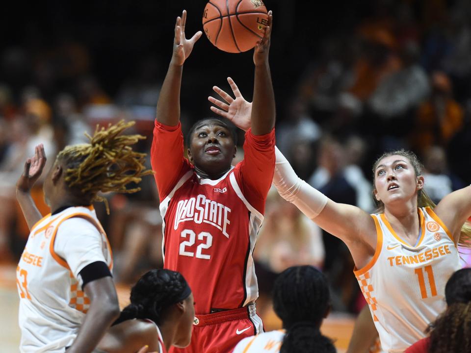 Ohio State's Eboni Walker grabs a rebound against Tennessee on Sunday.