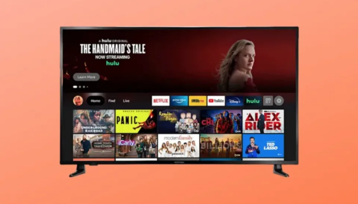 A smart TV screen with different app icons like Netflix, Prime Video, Hulu, etc.