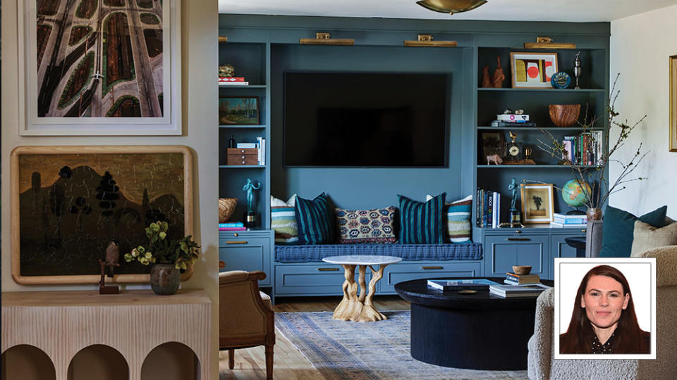 In Clea DuVall and Mia Weier’s living room, Martin and Brockett’s Findley coffee table in a scrubbed ebony finish shares space with the company’s Lillian chair. The marble-topped side table is created from layers of plywood, glued together and then sculpted by Dan Martin, Jason’s father. - Credit: Courtesy of DAN ARNOLD; Alberto E. Rodriguez/Getty Images