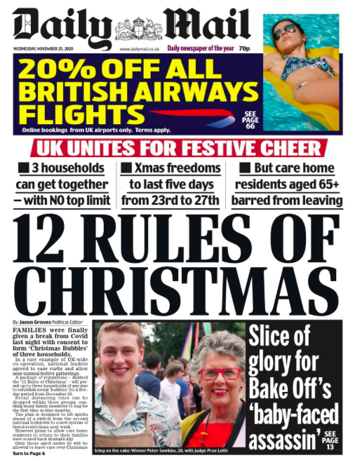 The Daily Mail welcomes the news, saying the UK 'unites for festive cheer', while detailing the '12 rules of Christmas'.