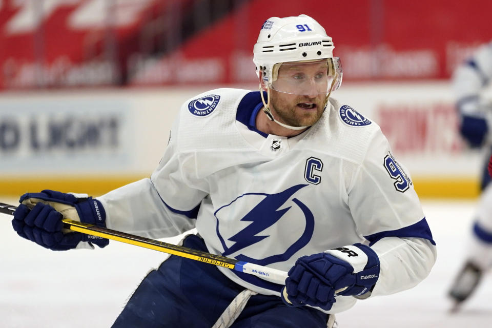 FILE - In this March 11, 2021, file photo, Tampa Bay Lightning center Steven Stamkos skates against the Detroit Red Wings in the first period of an NHL hockey game in Detroit. (AP Photo/Paul Sancya, File)