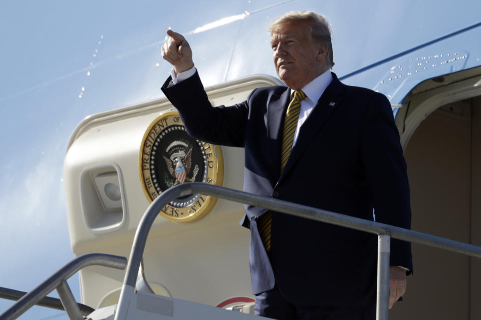 President Donald Trump arrives at Los Angeles International Airport to attend a fundraiser, Tuesday, Sept. 17, 2019, in Los Angeles. (AP Photo/Evan Vucci)