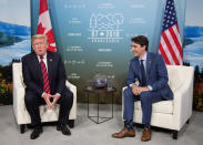 Canada's Prime Minister Justin Trudeau (R) meets with U.S. President Donald Trump during the G7 Summit in the Charlevoix town of La Malbaie, Quebec, Canada, June 8, 2018. REUTERS/Christinne Muschi