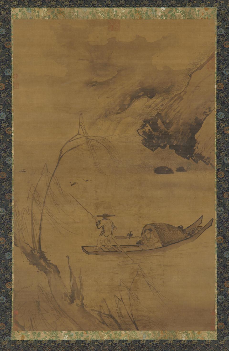 An old painting depicting a man with a long stick standing at the front of a boat while someone at the back of the boat holds a stick with a bird on it.