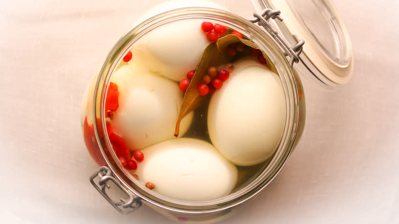 top down view of pickled eggs