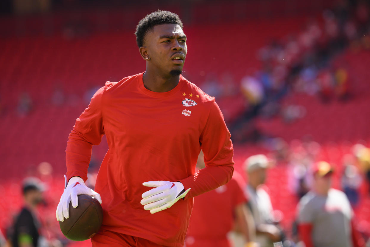 Kansas City Chiefs wide receiver Justyn Ross makes a catch and run during warmups before an NFL football game against the Chicago Bears, Sunday, Sept. 24, 2023 in Kansas City, Mo. (AP Photo/Reed Hoffmann)