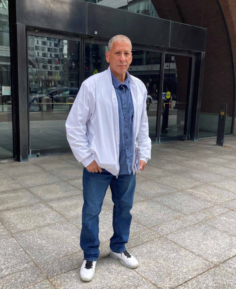 William Harvey stands outside U.S. District Court in Boston on Wednesday, April 24, 2024. Harvey was assaulted by former Fall River police officer Nicholas Hoar, who was convicted and sentenced to 33 months in prison.