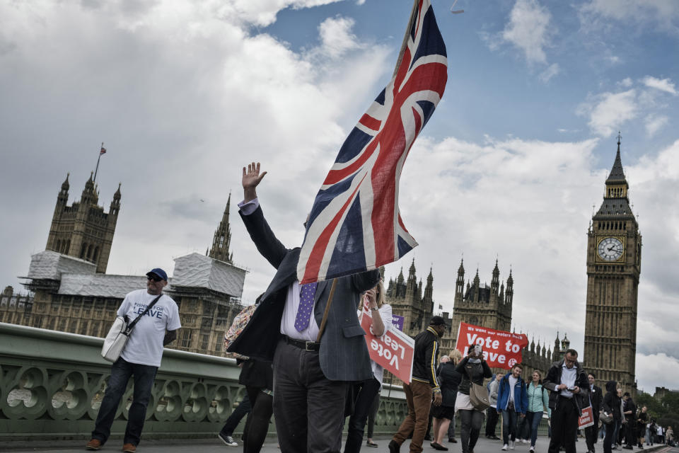 Un acto probrexit, antes del referendo para determinar la salida de la Unión Europea, cerca del Parlamento, en Londres, el 15 de junio de 2016. (Adam Ferguson/The New York Times)