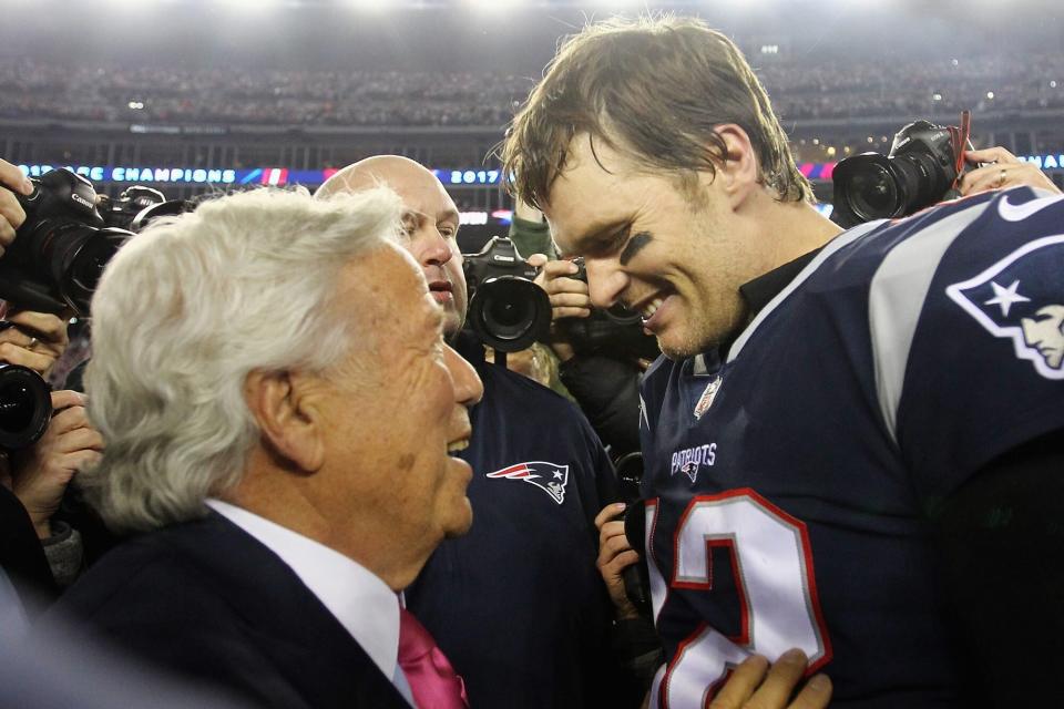 FOXBOROUGH, MA - JANUARY 21: Tom Brady #12 of the New England Patriots celebrates with owner Robert Kraft after winning the AFC Championship Game against the Jacksonville Jaguars at Gillette Stadium on January 21, 2018 in Foxborough, Massachusetts. (Photo by Jim Rogash/Getty Images)