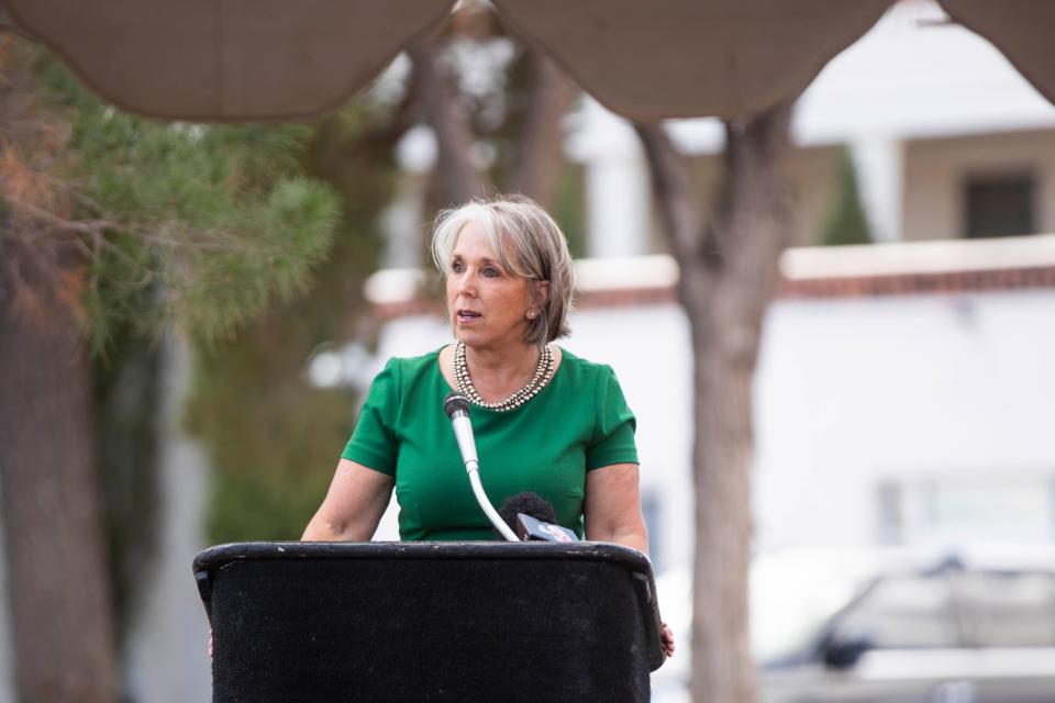 New Mexico Gov. Michelle Lujan Grisham speaks during a groundbreaking event for a veterans' home in Truth or Consequences on Tuesday, July 26, 2022.