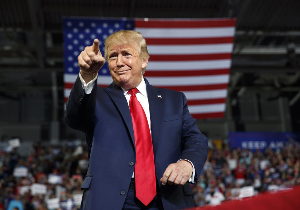FILE - In this Wednesday, July 17, 2019 file photo, President Donald Trump gestures to the crowd as he arrives to speak at a campaign rally at Williams Arena in Greenville, N.C. Former President Donald Trump repeated false claims that the election was stolen from him 10 times during interviews this week on Fox News Channel, Newsmax and One America News Networks. The claims were unprompted but also unchallenged in each case. (AP Photo/Carolyn Kaster, File)