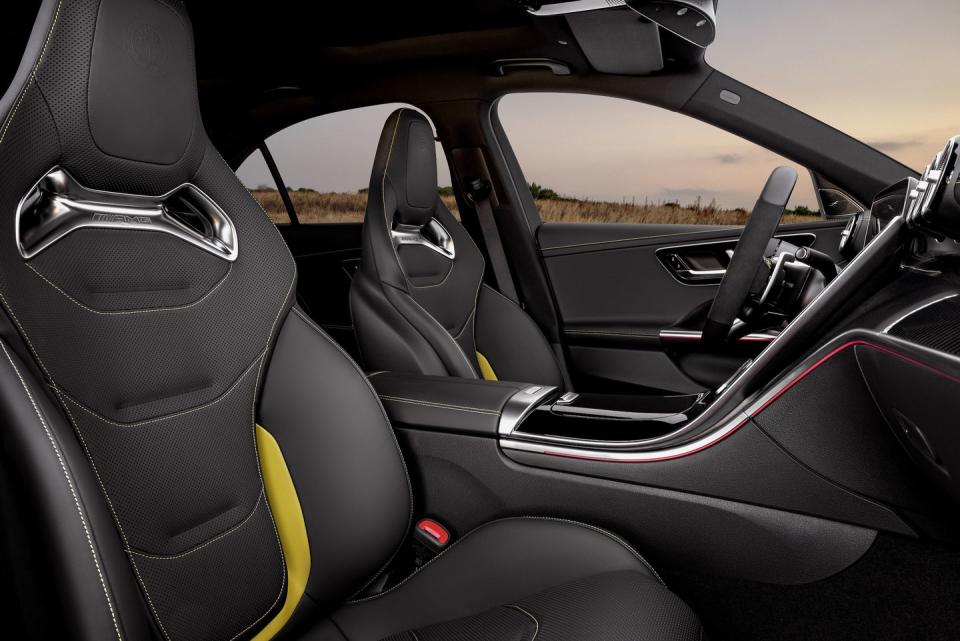 <p>For the front row, there's AMG's second-generation AMG Performance Seats. Designed to mimic a full bucket-type racing seat, they have side bolsters with weight-saving openings that also provide additional ventilation. </p>