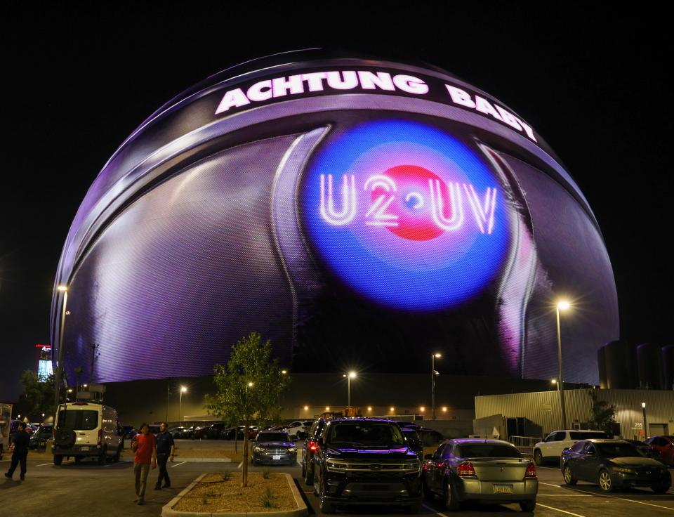 Sphere displays the name of the band U2's residency "U2:UV Achtung Baby Live at Sphere" during the venue's opening night Sept. 29, 2023 in Las Vegas.