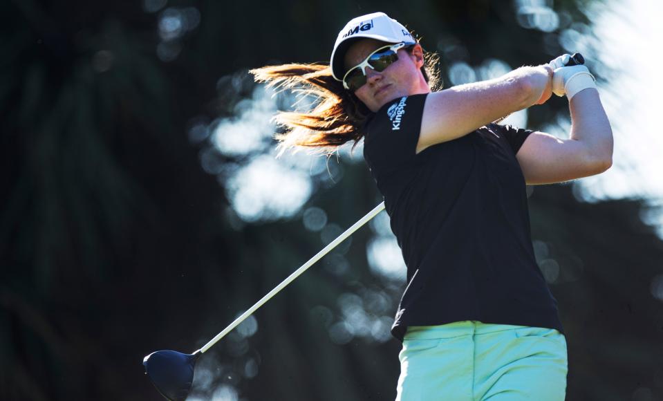 Leona Maguire watches a shot during the second round of the LPGA Drive On Championship golf tournament at Crown Colony in Fort Myers, Fla., Friday, Feb. 4, 2022. (Andrew West/The News-Press via AP)