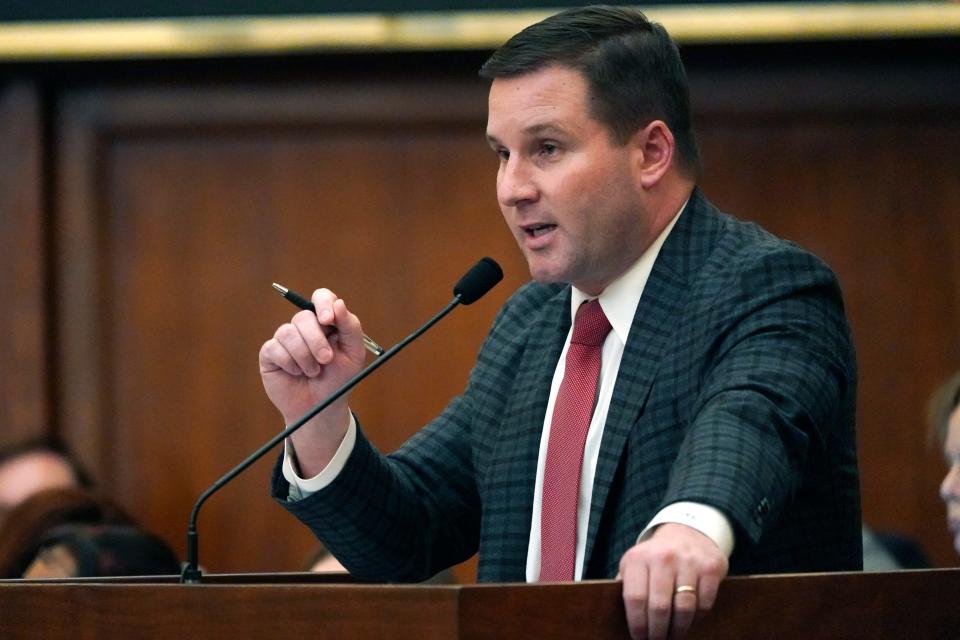 Ways and Means Committee Chairman Trey Lamar, R-Senatobia, answers questions regarding proposed House Bill 1020 that would create a separate district composed of appointed prosecutors and judges for the Capitol Complex Improvement District for a portion of Jackson, Tuesday, Feb. 7, 2023, at the Mississippi Capitol, in Jackson. (AP Photo/Rogelio V. Solis)