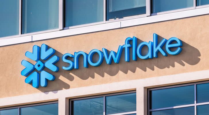 The Snowflake logo on a company office in Silicon Valley, California. (SNOW IPO)