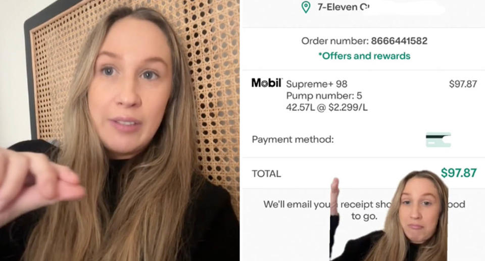 A photo of Brittany Bevan. A photo of her receipt from the 7-Eleven app for paying for her petrol.