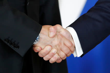 French President Emmanuel Macron (R) shakes hands Russian President Vladimir Putin (L) at the Chateau de Versailles as they meet for talks before the opening of an exhibition marking 300 years of diplomatic ties between the two countries in Versailles, France, May 29, 2017. REUTERS/Philippe Wojazer