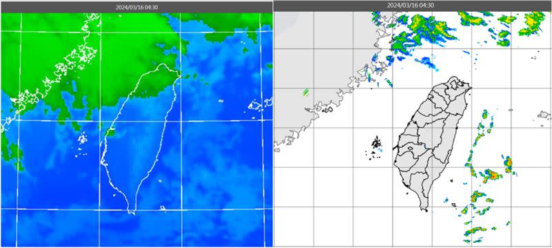 今晨4：30紅外線色調強化雲圖顯示，中層雲在北部海面及海峽北部（左圖）。4：30雷達回波合成圖亦顯示，台灣上空無降水回波（右圖）。