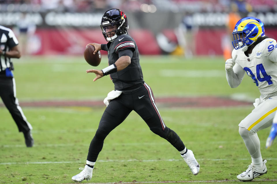 Arizona Cardinals quarterback Kyler Murray throws a pass during the second half of an NFL football game against the Los Angeles Rams, Sunday, Nov. 26, 2023, in Glendale, Ariz. (AP Photo/Ross D. Franklin)