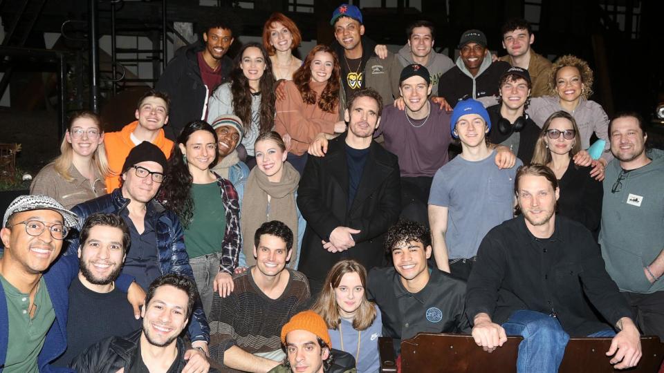 PHOTO: Producer Angelina Jolie, Producer Vivienne Jolie-Pitt, and film star Matt Dillon pose with the cast  at the new musical based on the classic book 'The Outsiders' on Broadway at The Bernard B. Jacobs Theatre on April 3, 2024 in New York City.  (Bruce Glikas/WireImage)