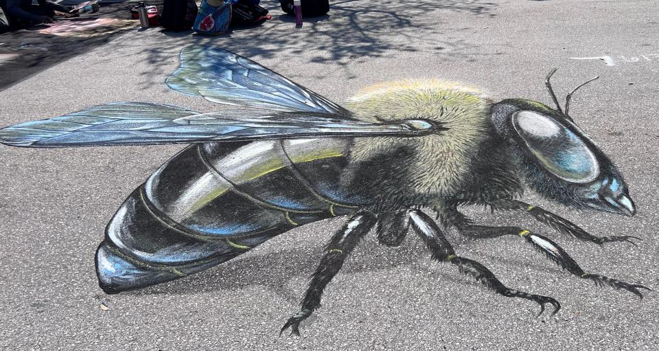 Kumpa Tawornprom, a professional sculptor from the Tampa area, painted a carpenter bee at Lake Worth Beach's Street Painting Festival Feb. 26, 2023.