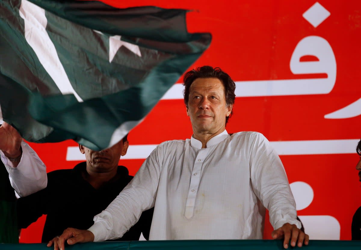 Pakistani politician Imran Khan, chief of Pakistan Tehreek-e-Insaf party, arrives to address an election campaign rally in Islamabad in 2018 – today he’s facing a lifetime behind bars  (AP)