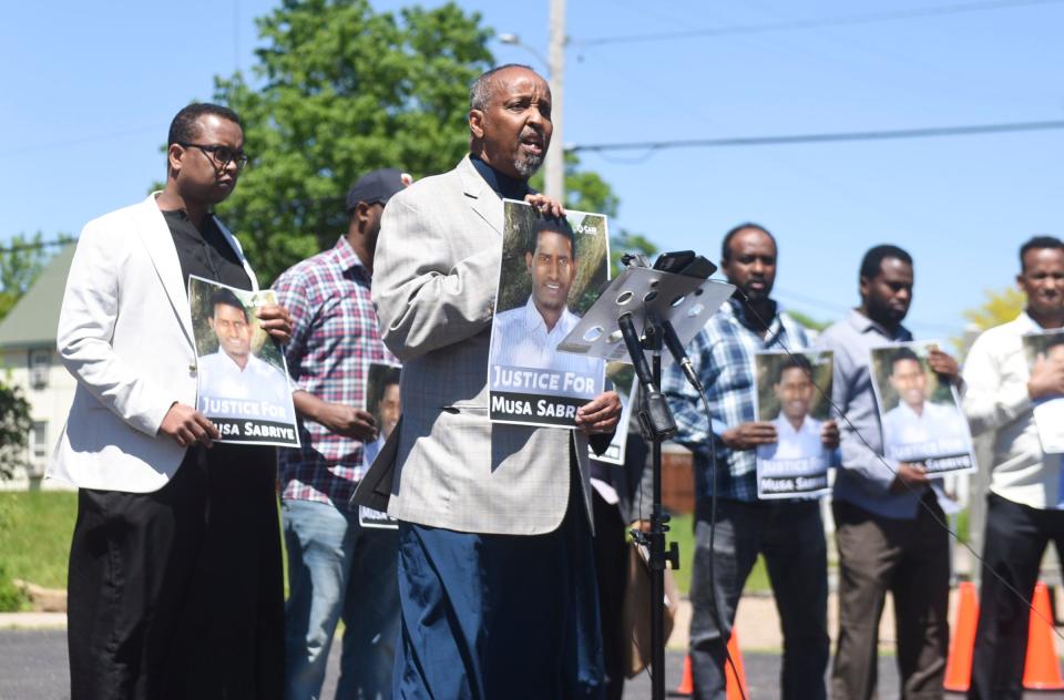 Community members speak at a press conference urging more transparency from law enforcement following the recent death of Musa Sabriye in Waite Park Friday, June 3, 2022, at the Islamic Center of St. Cloud.
