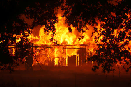 A structure burns out of control in the River Fire (Mendocino Complex) in Lakeport, California, U.S. July 31, 2018. REUTERS/Fred Greaves