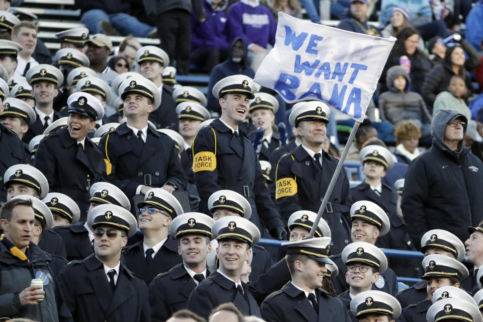 Navy midshipmen watch in the first half of the Liberty Bowl NCAA college football game between Navy and Kansas State Tuesday, Dec. 31, 2019, in Memphis, Tenn. (AP Photo/Mark Humphrey)