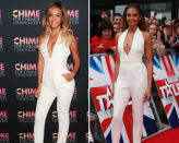 <p>Beyonce trug diesen maßgescheiderten Gucci Jumpsuit bei einer Wohltätigkeitsgala 2014, während Alesha ungefähr sechs Monate später damit auf dem roten Teppich zu „Britain’s Got Talent“ abgelichtet wurde. [Bild: Rex] </p>