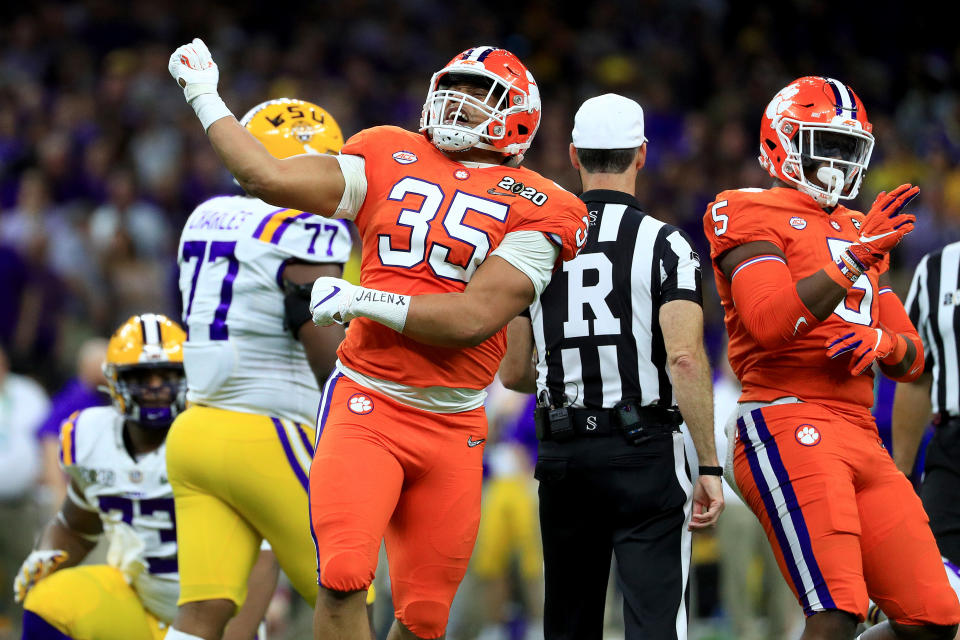 Justin Foster reacts after making a play on defense in the first half against LSU in the College Football Playoff national championship game on Jan. 13, 2020 in New Orleans. (Photo by Mike Ehrmann/Getty Images)