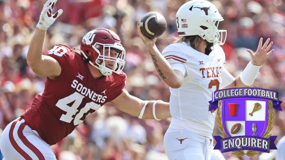 Texas Longhorns quarterback Quinn Ewers throws a pass while Oklahoma pass rusher Ethan Downs pressures him
Kevin Jairaj-USA TODAY Sports